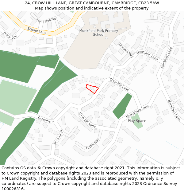 24, CROW HILL LANE, GREAT CAMBOURNE, CAMBRIDGE, CB23 5AW: Location map and indicative extent of plot