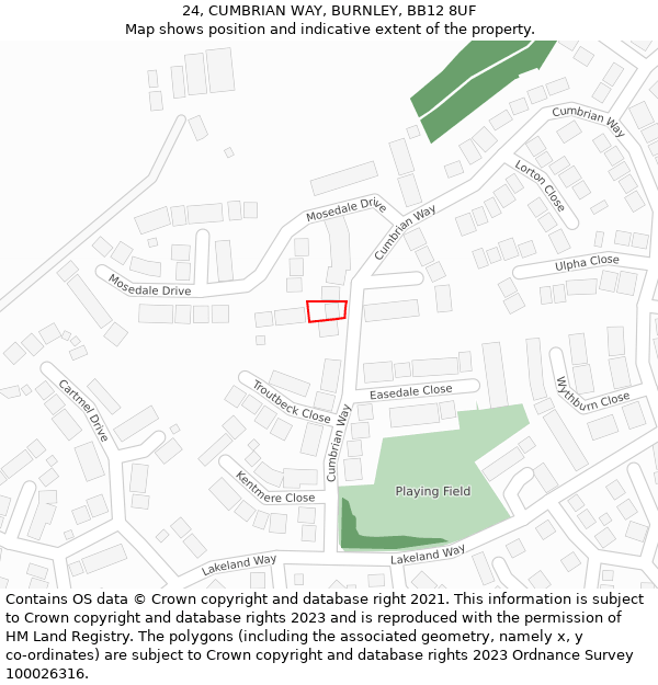 24, CUMBRIAN WAY, BURNLEY, BB12 8UF: Location map and indicative extent of plot