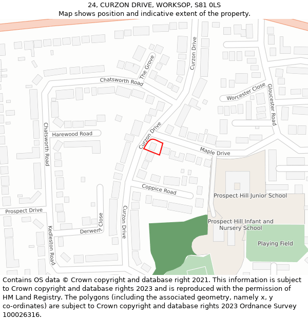 24, CURZON DRIVE, WORKSOP, S81 0LS: Location map and indicative extent of plot