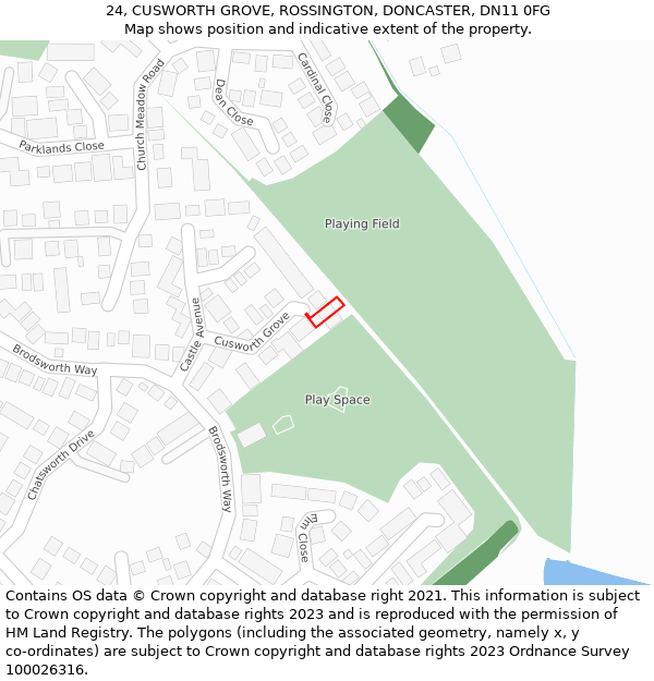 24, CUSWORTH GROVE, ROSSINGTON, DONCASTER, DN11 0FG: Location map and indicative extent of plot
