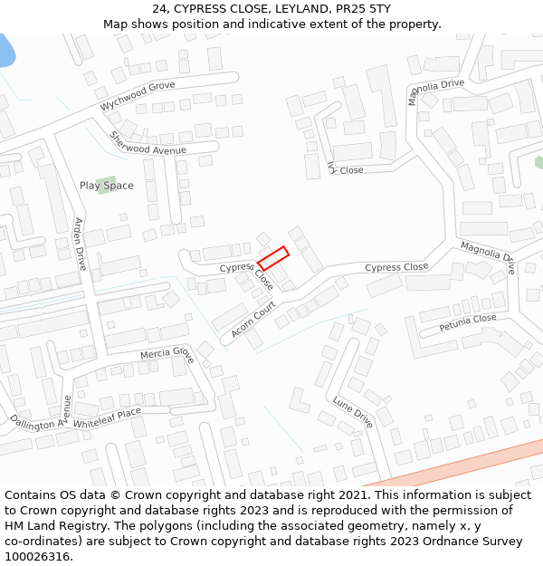 24, CYPRESS CLOSE, LEYLAND, PR25 5TY: Location map and indicative extent of plot