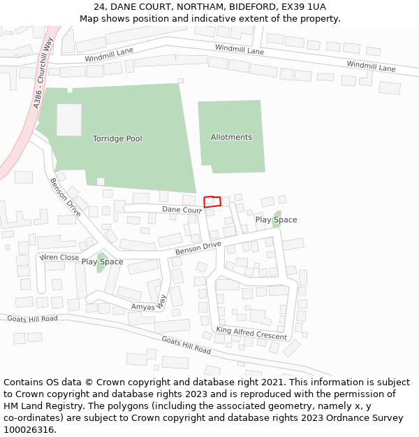 24, DANE COURT, NORTHAM, BIDEFORD, EX39 1UA: Location map and indicative extent of plot