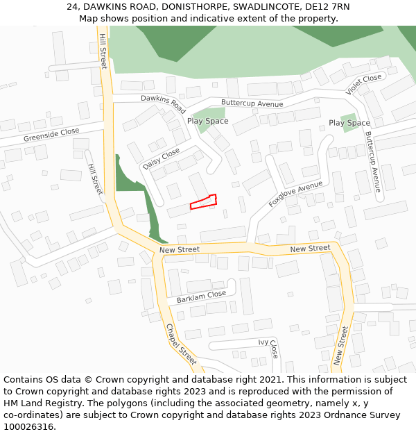 24, DAWKINS ROAD, DONISTHORPE, SWADLINCOTE, DE12 7RN: Location map and indicative extent of plot