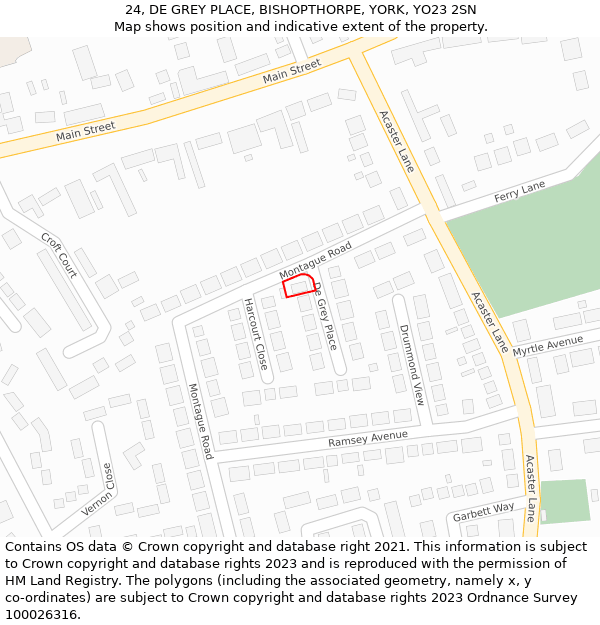 24, DE GREY PLACE, BISHOPTHORPE, YORK, YO23 2SN: Location map and indicative extent of plot