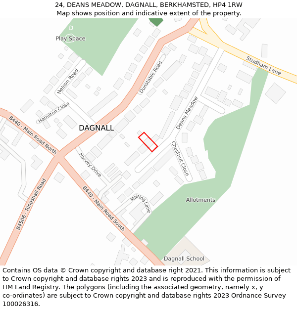 24, DEANS MEADOW, DAGNALL, BERKHAMSTED, HP4 1RW: Location map and indicative extent of plot