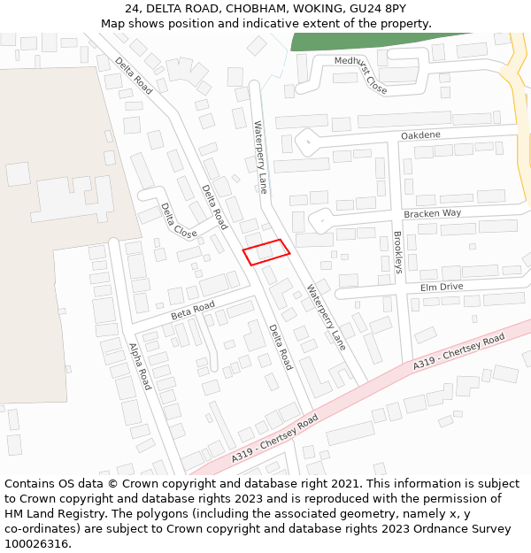 24, DELTA ROAD, CHOBHAM, WOKING, GU24 8PY: Location map and indicative extent of plot