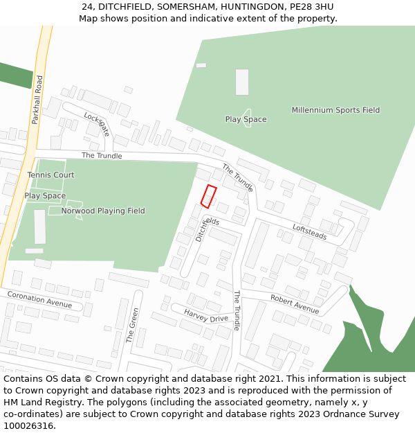 24, DITCHFIELD, SOMERSHAM, HUNTINGDON, PE28 3HU: Location map and indicative extent of plot