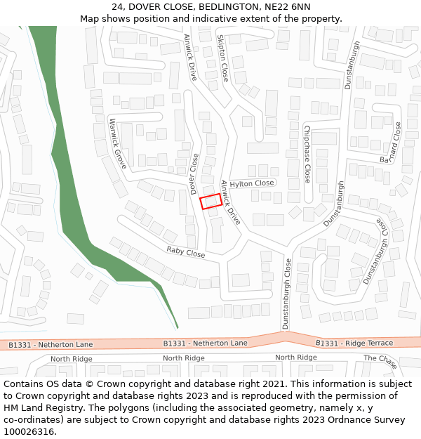 24, DOVER CLOSE, BEDLINGTON, NE22 6NN: Location map and indicative extent of plot