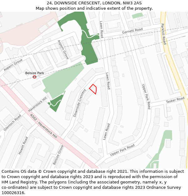 24, DOWNSIDE CRESCENT, LONDON, NW3 2AS: Location map and indicative extent of plot