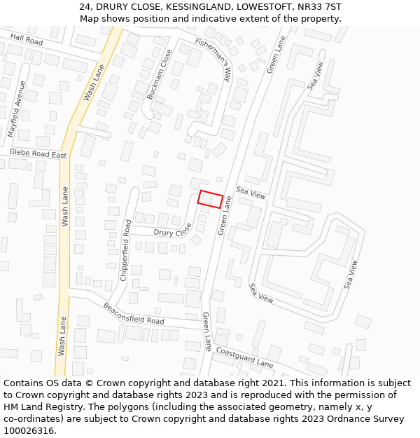 24, DRURY CLOSE, KESSINGLAND, LOWESTOFT, NR33 7ST: Location map and indicative extent of plot