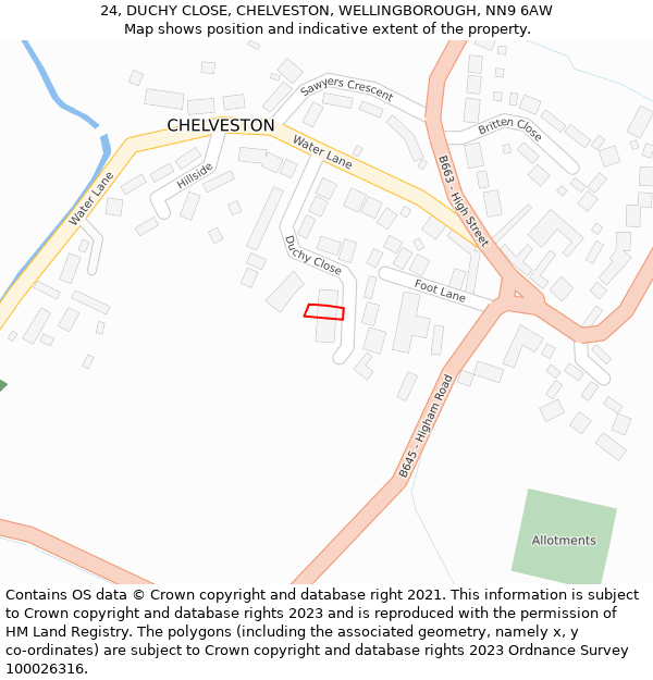 24, DUCHY CLOSE, CHELVESTON, WELLINGBOROUGH, NN9 6AW: Location map and indicative extent of plot