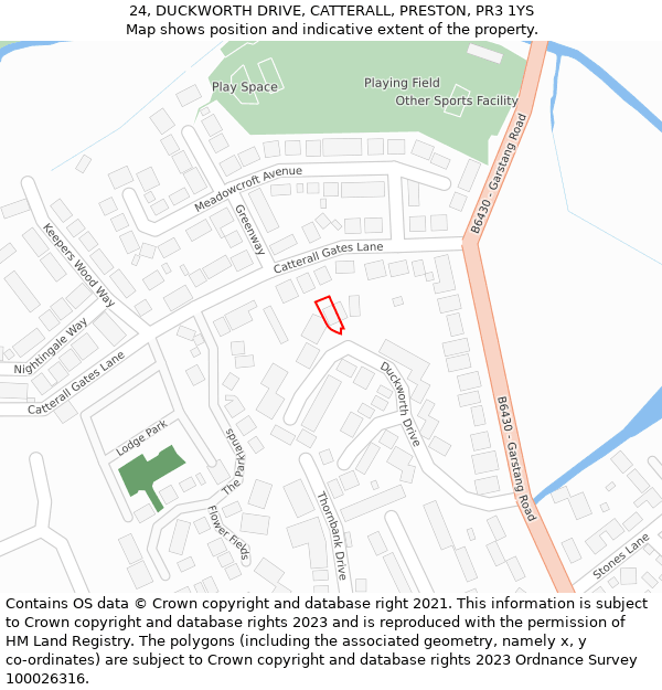 24, DUCKWORTH DRIVE, CATTERALL, PRESTON, PR3 1YS: Location map and indicative extent of plot
