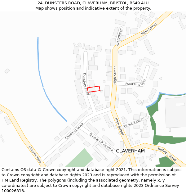24, DUNSTERS ROAD, CLAVERHAM, BRISTOL, BS49 4LU: Location map and indicative extent of plot