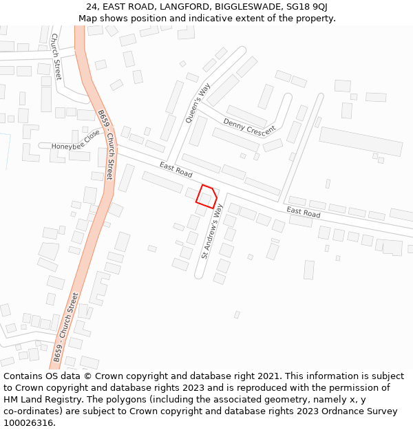 24, EAST ROAD, LANGFORD, BIGGLESWADE, SG18 9QJ: Location map and indicative extent of plot