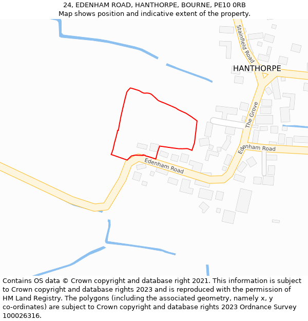 24, EDENHAM ROAD, HANTHORPE, BOURNE, PE10 0RB: Location map and indicative extent of plot