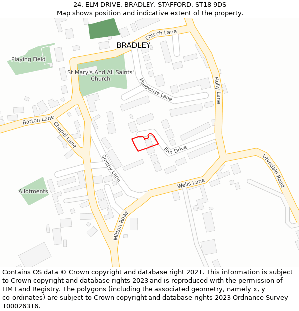 24, ELM DRIVE, BRADLEY, STAFFORD, ST18 9DS: Location map and indicative extent of plot