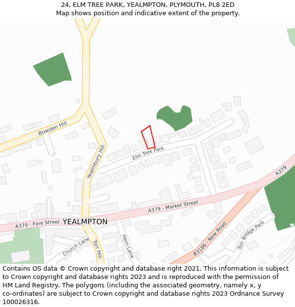 24, ELM TREE PARK, YEALMPTON, PLYMOUTH, PL8 2ED: Location map and indicative extent of plot