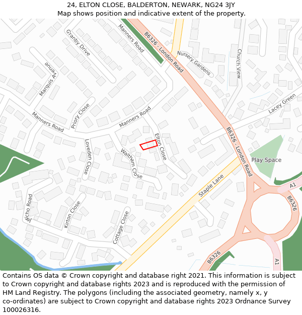 24, ELTON CLOSE, BALDERTON, NEWARK, NG24 3JY: Location map and indicative extent of plot