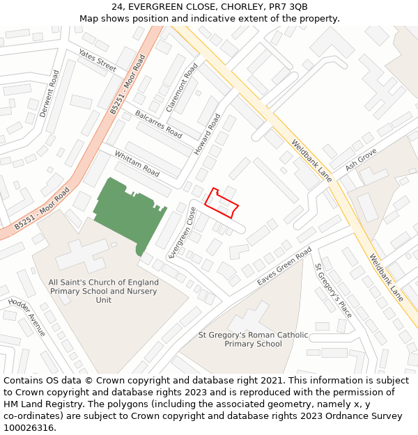 24, EVERGREEN CLOSE, CHORLEY, PR7 3QB: Location map and indicative extent of plot