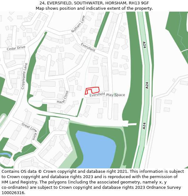 24, EVERSFIELD, SOUTHWATER, HORSHAM, RH13 9GF: Location map and indicative extent of plot