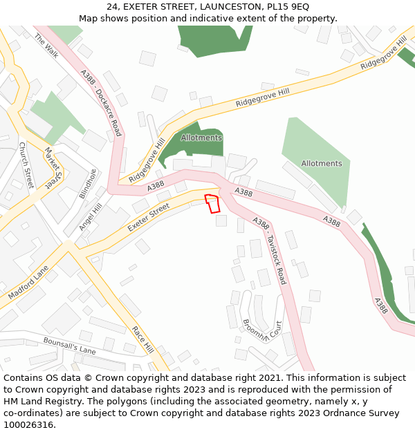 24, EXETER STREET, LAUNCESTON, PL15 9EQ: Location map and indicative extent of plot