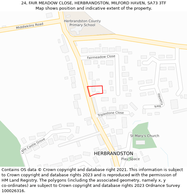 24, FAIR MEADOW CLOSE, HERBRANDSTON, MILFORD HAVEN, SA73 3TF: Location map and indicative extent of plot