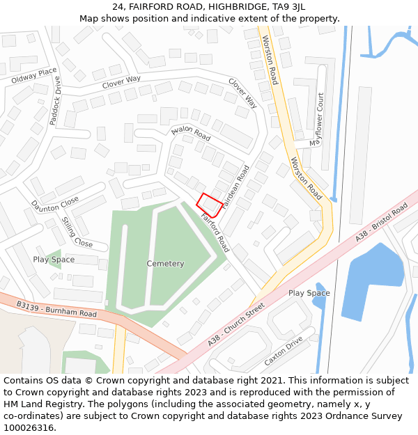 24, FAIRFORD ROAD, HIGHBRIDGE, TA9 3JL: Location map and indicative extent of plot
