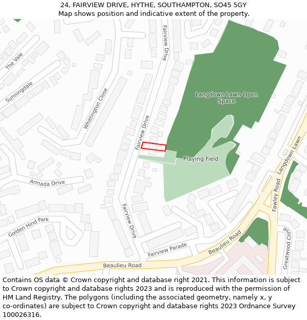 24, FAIRVIEW DRIVE, HYTHE, SOUTHAMPTON, SO45 5GY: Location map and indicative extent of plot