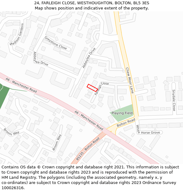 24, FARLEIGH CLOSE, WESTHOUGHTON, BOLTON, BL5 3ES: Location map and indicative extent of plot