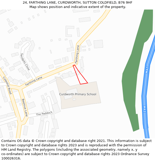 24, FARTHING LANE, CURDWORTH, SUTTON COLDFIELD, B76 9HF: Location map and indicative extent of plot