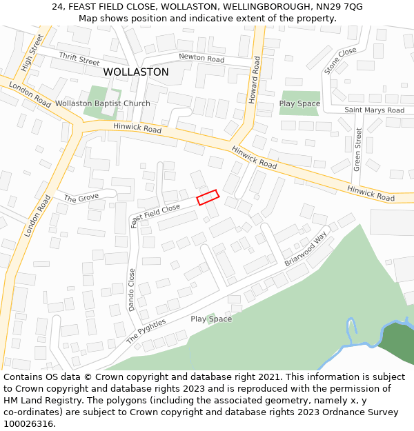 24, FEAST FIELD CLOSE, WOLLASTON, WELLINGBOROUGH, NN29 7QG: Location map and indicative extent of plot