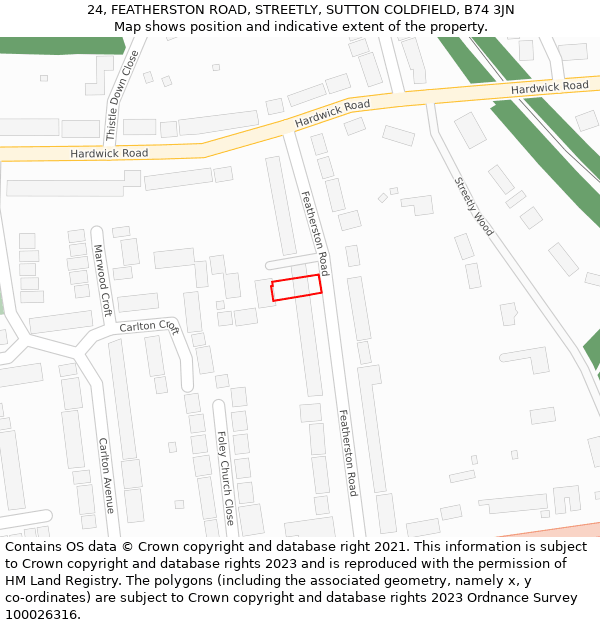 24, FEATHERSTON ROAD, STREETLY, SUTTON COLDFIELD, B74 3JN: Location map and indicative extent of plot