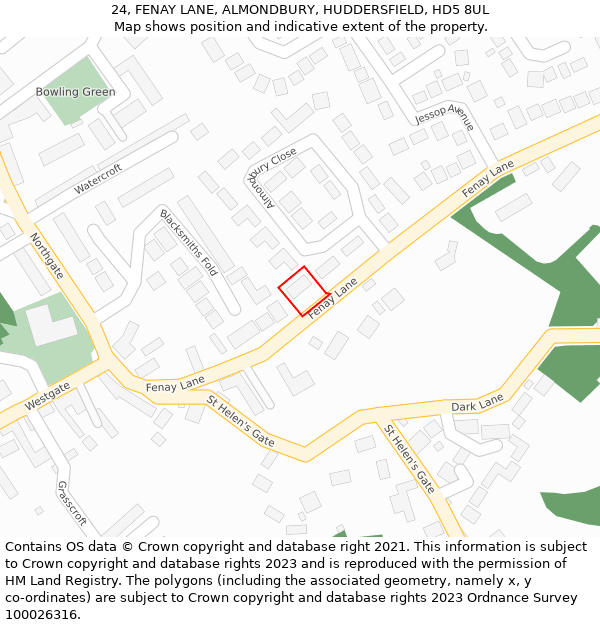 24, FENAY LANE, ALMONDBURY, HUDDERSFIELD, HD5 8UL: Location map and indicative extent of plot