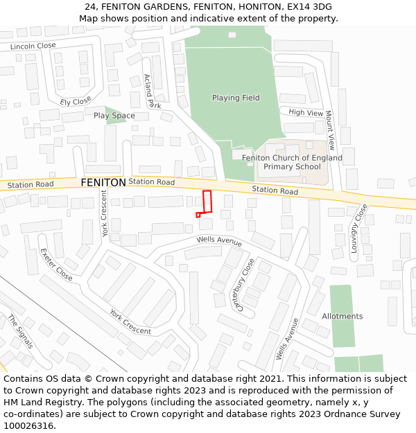 24, FENITON GARDENS, FENITON, HONITON, EX14 3DG: Location map and indicative extent of plot