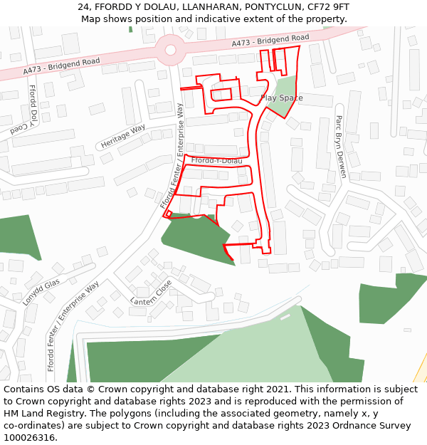 24, FFORDD Y DOLAU, LLANHARAN, PONTYCLUN, CF72 9FT: Location map and indicative extent of plot