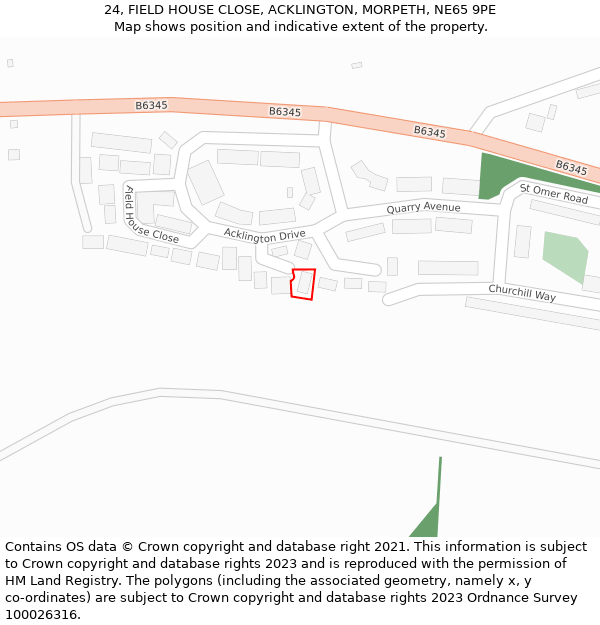 24, FIELD HOUSE CLOSE, ACKLINGTON, MORPETH, NE65 9PE: Location map and indicative extent of plot