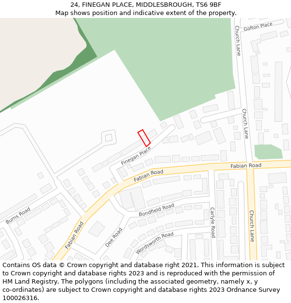 24, FINEGAN PLACE, MIDDLESBROUGH, TS6 9BF: Location map and indicative extent of plot
