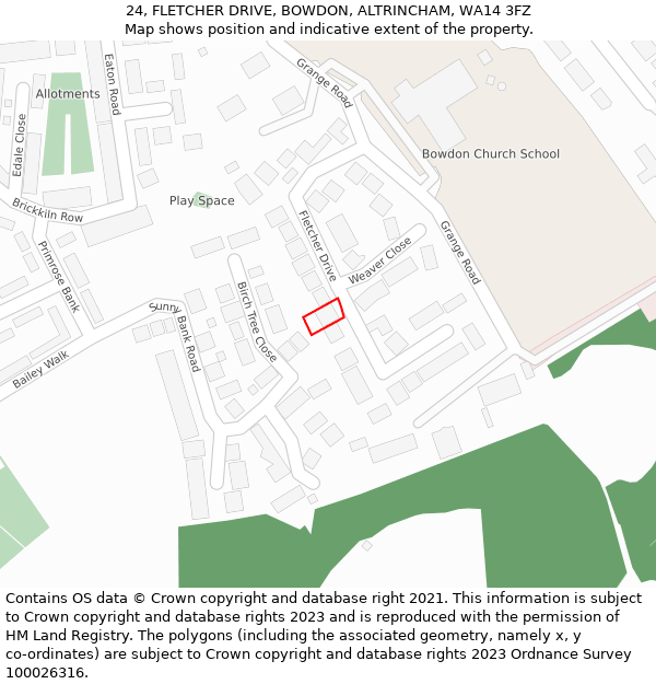 24, FLETCHER DRIVE, BOWDON, ALTRINCHAM, WA14 3FZ: Location map and indicative extent of plot