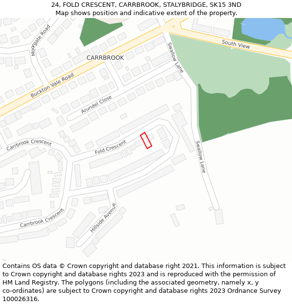 24, FOLD CRESCENT, CARRBROOK, STALYBRIDGE, SK15 3ND: Location map and indicative extent of plot