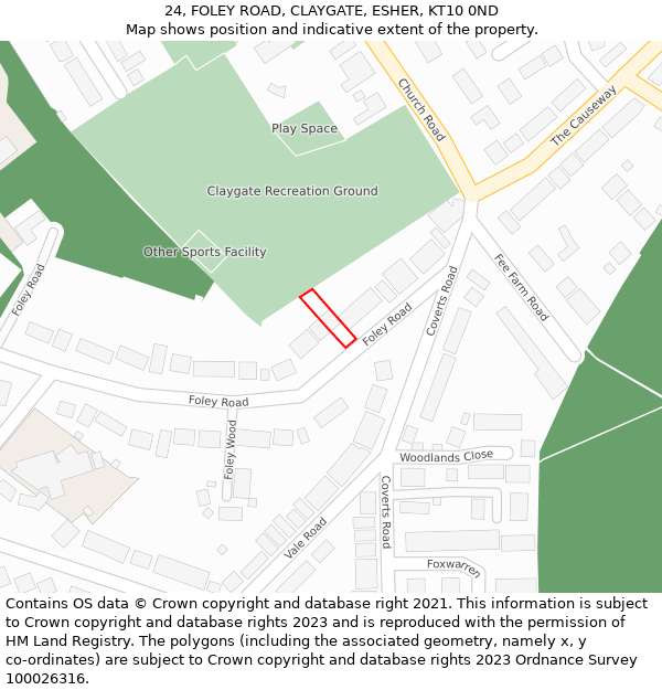 24, FOLEY ROAD, CLAYGATE, ESHER, KT10 0ND: Location map and indicative extent of plot
