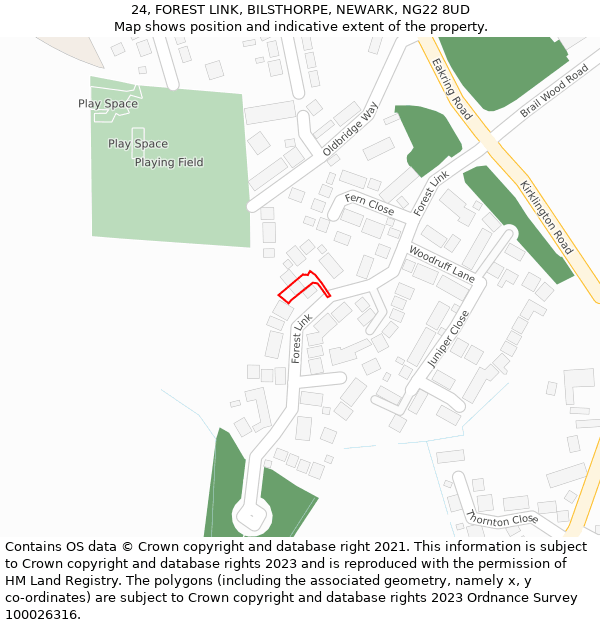 24, FOREST LINK, BILSTHORPE, NEWARK, NG22 8UD: Location map and indicative extent of plot