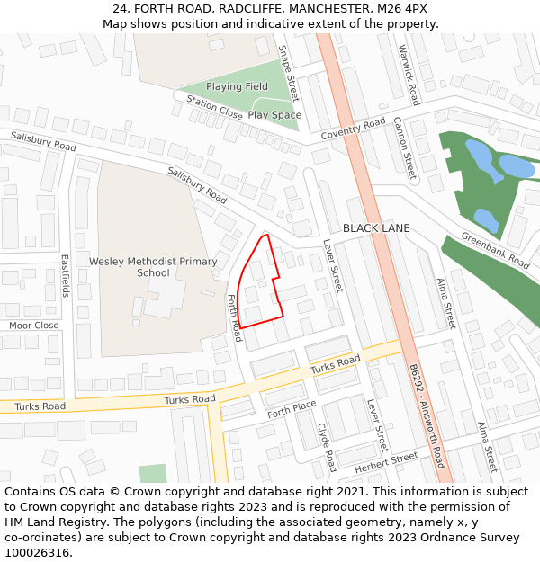 24, FORTH ROAD, RADCLIFFE, MANCHESTER, M26 4PX: Location map and indicative extent of plot