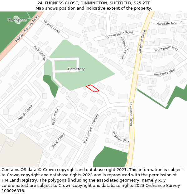 24, FURNESS CLOSE, DINNINGTON, SHEFFIELD, S25 2TT: Location map and indicative extent of plot