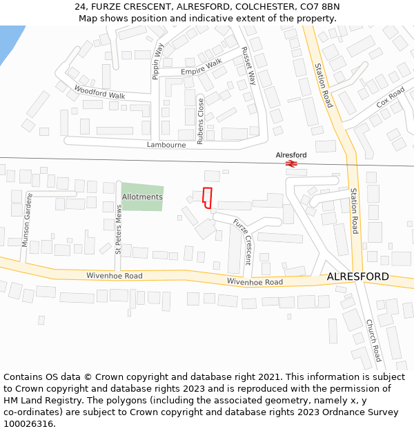 24, FURZE CRESCENT, ALRESFORD, COLCHESTER, CO7 8BN: Location map and indicative extent of plot