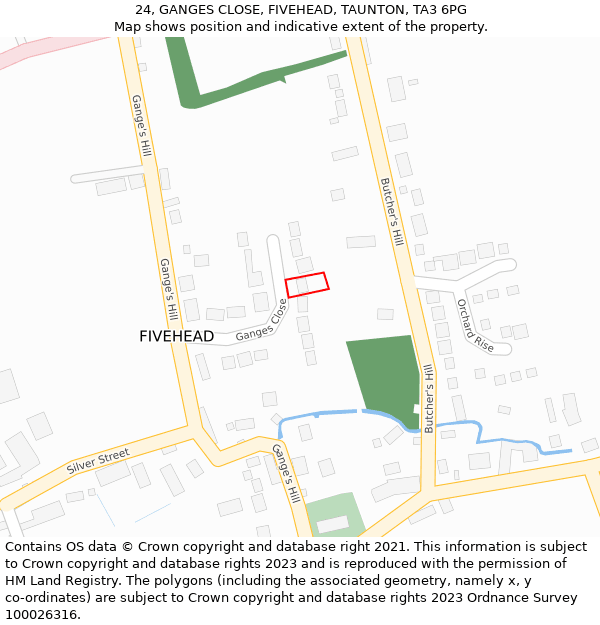 24, GANGES CLOSE, FIVEHEAD, TAUNTON, TA3 6PG: Location map and indicative extent of plot