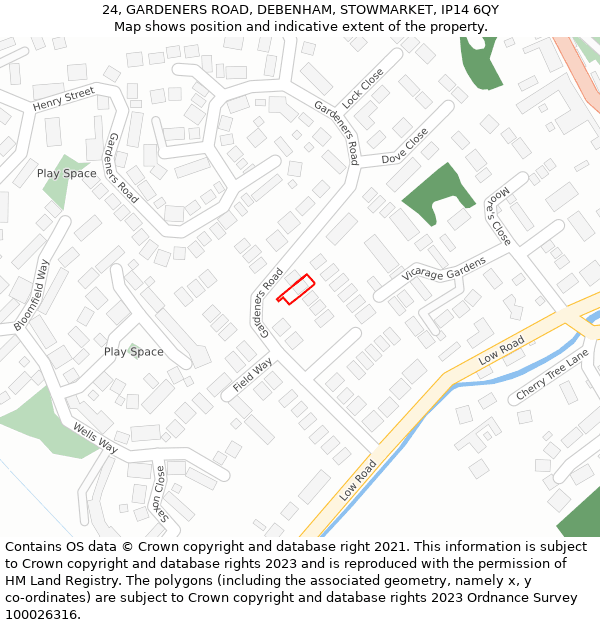 24, GARDENERS ROAD, DEBENHAM, STOWMARKET, IP14 6QY: Location map and indicative extent of plot