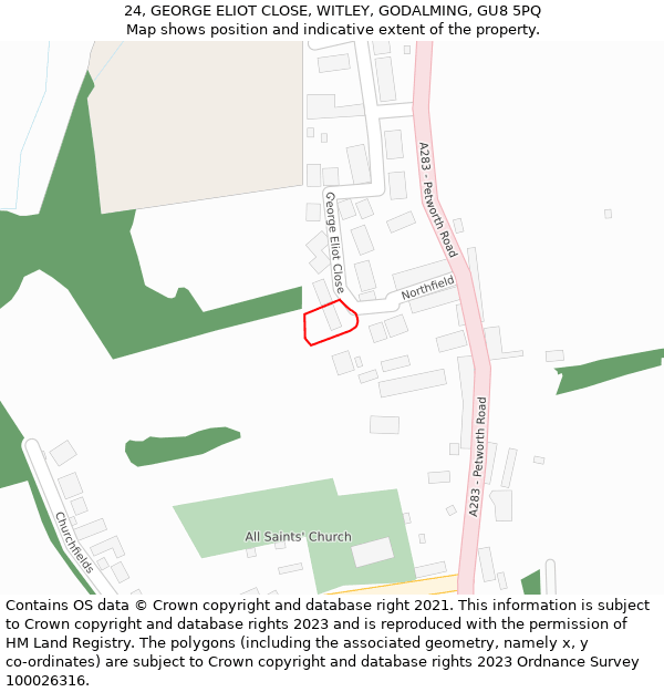 24, GEORGE ELIOT CLOSE, WITLEY, GODALMING, GU8 5PQ: Location map and indicative extent of plot