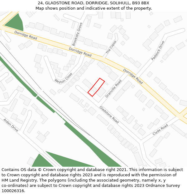 24, GLADSTONE ROAD, DORRIDGE, SOLIHULL, B93 8BX: Location map and indicative extent of plot