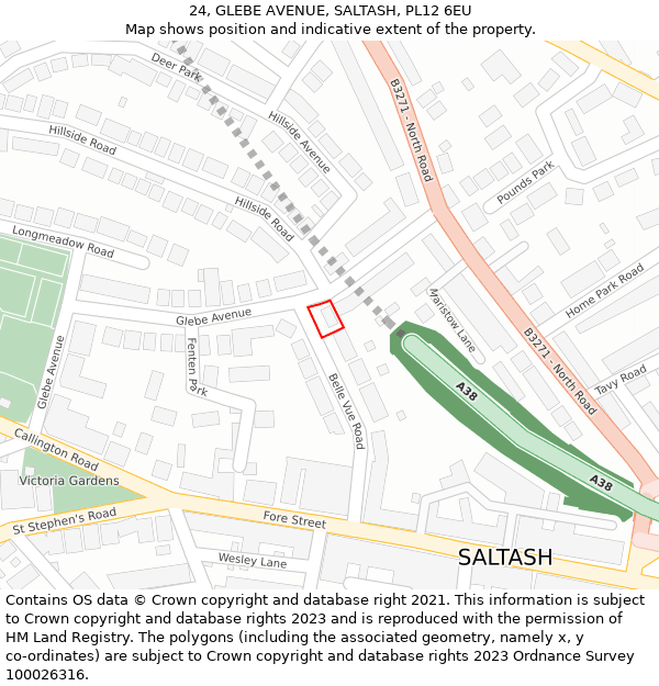 24, GLEBE AVENUE, SALTASH, PL12 6EU: Location map and indicative extent of plot