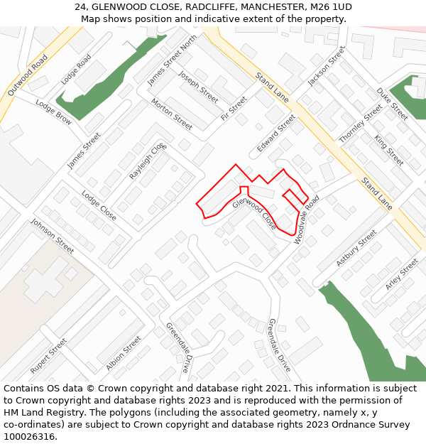 24, GLENWOOD CLOSE, RADCLIFFE, MANCHESTER, M26 1UD: Location map and indicative extent of plot